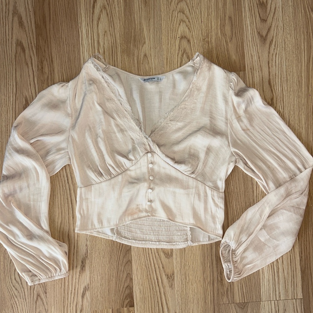 Stradivarius long sleeve satin lace corset top size S in beige